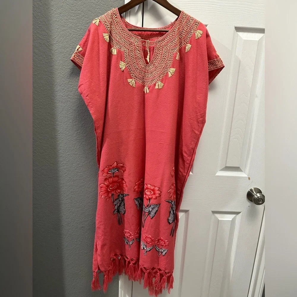 Coral Boho Handmade Kaftan One Size Maxi Dress - Picture 1 of 5